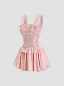 Sweetra 女士粉色派对连衣裙，圣诞派对连衣裙，新年装扮，感恩节装扮，沙滩裙，派对连衣裙，优雅派对连衣裙，新款春夏秋冬派对连衣裙，适合派对、通勤、日常、旅行、度假，系带蝴蝶结，A字裙摆，荷叶边下摆，褶裥设计，收腰，修身剪裁，可爱俏皮迷你连衣裙 - 粉色 - 查看 1