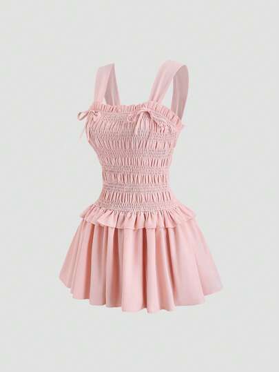 Sweetra Women's Pink Party Dress, Christmas Party Dress, New Year Outfit, Thanksgiving Outfit, Beach Dress, Party Dress, Elegant Party Dress, New Spring/Summer/Autumn/Winter Party Dress, Suitable For Party, Commute, Daily, Travel, Vacation, Tie Bow, A-Line, Ruffle Hem, Pleated, Waist Cinching, Flattering Design, Cute & Playful Mini Dress