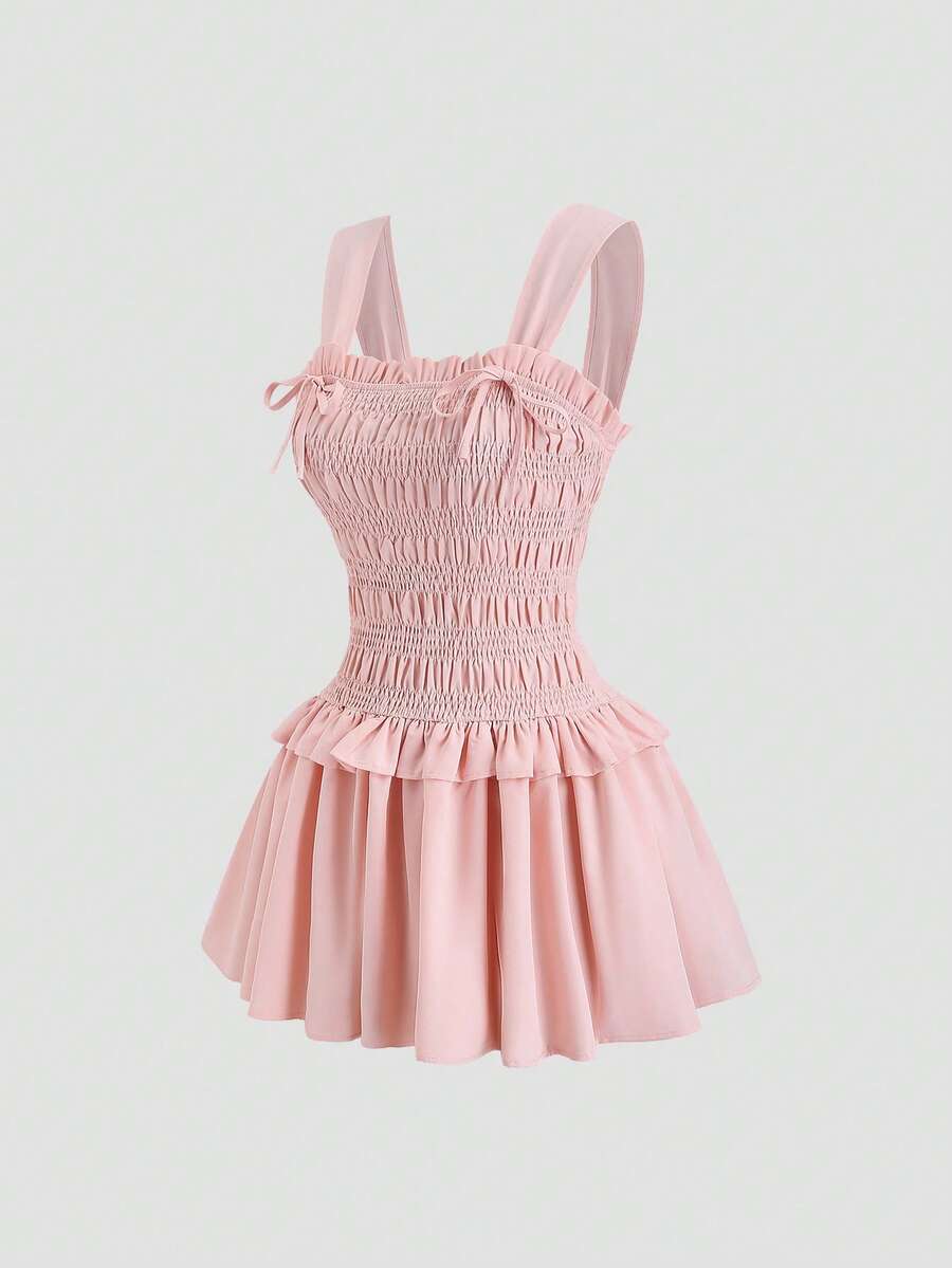 Sweetra 女士粉色派对连衣裙，圣诞派对连衣裙，新年装扮，感恩节装扮，沙滩裙，派对连衣裙，优雅派对连衣裙，新款春夏秋冬派对连衣裙，适合派对、通勤、日常、旅行、度假，系带蝴蝶结，A字裙摆，荷叶边下摆，褶裥设计，收腰，修身剪裁，可爱俏皮迷你连衣裙 - 粉色 - 查看 1