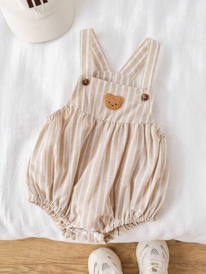 SHEIN Unisex Newborn Baby Boy/Girl Casual Cute Khaki Striped Suspender Shorts Romper, Easy On/Off Baby Bodysuit, Spring/Summer