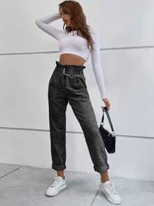 Flexra Quần jeans nữ thường ngày có túi và nút - Màu xám đen - Xem 3