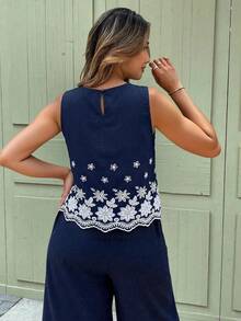 Serisse Women's Floral Embroidery Sleeveless Top And Wide Leg Pants Casual 2 Pieces Set - Navy Blue - View 4