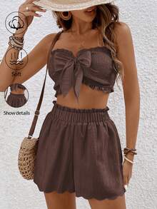 SHEIN Frenchy Setelan Kasual 2 Potong Wanita Atasan Camisole dan Celana Pendek Warna Polos dengan Hiasan Pita - Coffee Brown - View 3