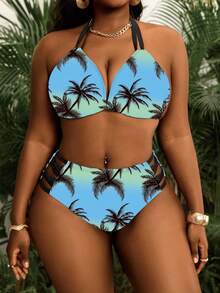 Slaydiva Plus Size Two-Tier Coconut Tree Print Tie-Front Sexy Summer Beach Bikini Set - Multicolor - View 5