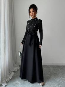 Elenzga Đầm dài tay cổ cao đính ngọc trai thanh lịch, thắt nơ eo cho nữ, thích hợp cho các buổi đi chơi, đi làm, tiệc tùng, ngày lễ, Giáng sinh - màu đen - Xem 4