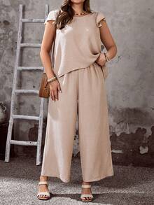 EMERY ROSE Conjunto de 2 piezas de talla grande para mujer con top de manga corta y pantalones con diseño de encaje y bolsillos, ideal para vacaciones en primavera temprana - Albaricoque - Ver 4