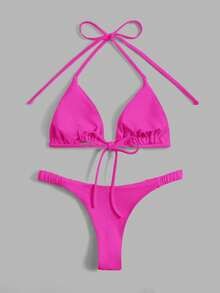 Swim Mod Pink Solid Color Halter Spaghetti Strap Triangle Bikini Swimwear Set,Fashionable Summer Micro Swimwears For Beach Party,Holiday,Holiday - Hot Pink - View 3