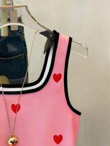 Resyla New Arrival Best-Selling Women's Red Heart Print Loose Casual Contrast Striped Fitted Tank Top - Pink - View 3