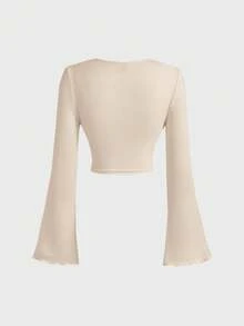 SHEIN MOD 2 chiếc áo thun dài tay nữ màu trơn, kiểu dáng xếp ly, thanh lịch. - màu nâu - Xem 3