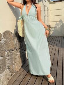 Sunnyshic Blue & White Striped Deep V-Neck Backless Tie-Up Waist A-Line Sleeveless Jumpsuit Dress, Elegant Sexy Cute Suitable For Vacation, Beach, Commute, Party, Daily Wear, Dating, Spring/Summer/Autumn - Green - View 5