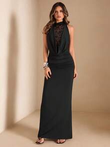 SHEIN BAE 黑色亮片垂褶领紧身连衣裙，黑色亮片连衣裙 - 黑色 - 查看 6