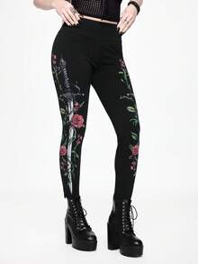 ROMWE Goth Spring/SummerWomen's Dark Forbidden Forest Sword Rose Floral Print Leggings - Black - View 5