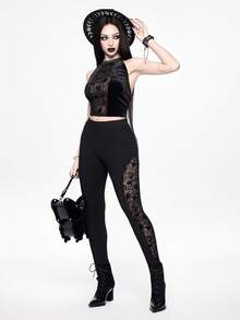 ROMWE Goth Quần legging lưới xuyên thấu họa tiết rừng cấm đen tối. - màu đen - Xem 2