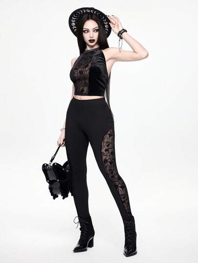 ROMWE Goth Dark Forbidden Forest Patchwork Eye Mesh Sheer Leggings