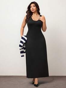 Enliva 大码女装秋冬时尚休闲日常舒适黑白条纹长袖宽松T恤和黑色背心长裙两件套，曲线套装，连衣裙套装，女士街头服饰，春装，女士机场装，大学生装 - 藏蓝色 - 查看 3