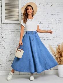 EMERY ROSE Women's Button Waist Design Pocket Casual Denim Skirt - Medium Wash - View 5