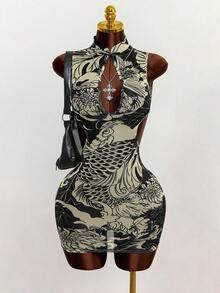 Mistrie 夏季新款复古龙纹薄纱镂空中式立领性感旗袍式女装 - 彩色 - 查看 1