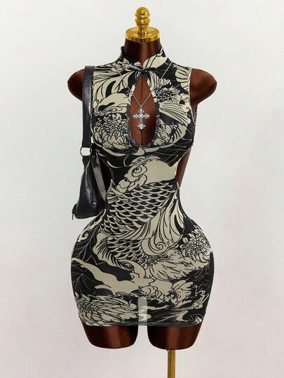  Mistrie 2026 New Summer Cheongsam Dress Women Vintage Dragon Print Sheer Mesh Chinese Collar Hollow Out Sexy Style