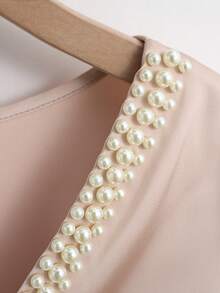 Franclia 女士V领珍珠点缀缎面织锦衬衫，V领衬衫，珍珠点缀衬衫，女士衬衫，夏季服装，休闲户外服装，时尚优雅休闲衬衫，节日风格，派对风格 - 粉色 - 查看 3