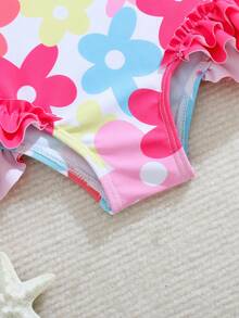 Cozy Pixies 女婴可爱碎花撞色荷叶边连体泳衣，夏季海滩度假休闲款 - 粉色 - 查看 4