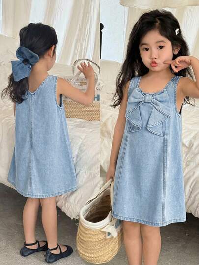 Little Byeori Young Girl' New Fashion Y2k Cute Bowknot Light Washed Blue Denim Sleeveless Dress Spring Summer,For Kids Spring/Summer Dailywear Outfits,Girls Streetwear Outfits,Girls Beach Outfit,Vacation Outfits For Girls,Casual Dresses For Girls,Toddler Dress,4-Year-Old Girls Bowknot Dress,Summer Dress