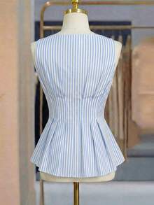 GlowEve Women's Sleeveless Ruched Waist A-Line Blue & White Striped Casual Tank Top, Suitable For Dates, Fresh Style, Versatile - Blue and White - View 2