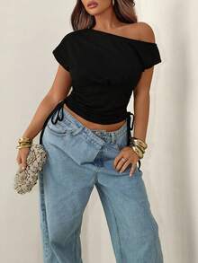 Sirith Áo thun ôm dáng, màu trơn, thiết kế lệch vai, có dây rút, thời trang mùa hè. - màu đen - Xem 1