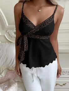 CovetEZ Áo hai dây nữ hai dây thắt nơ phối màu tương phản họa tiết da báo, màu trơn, gợi cảm, thoải mái, đa năng, phù hợp cho các buổi đi chơi, lễ hội âm nhạc, bãi biển, kỳ nghỉ, sinh nhật, tiệc tùng, đám cưới, phong cách sang trọng, Y2K. - Nhiều màu - Xem 3