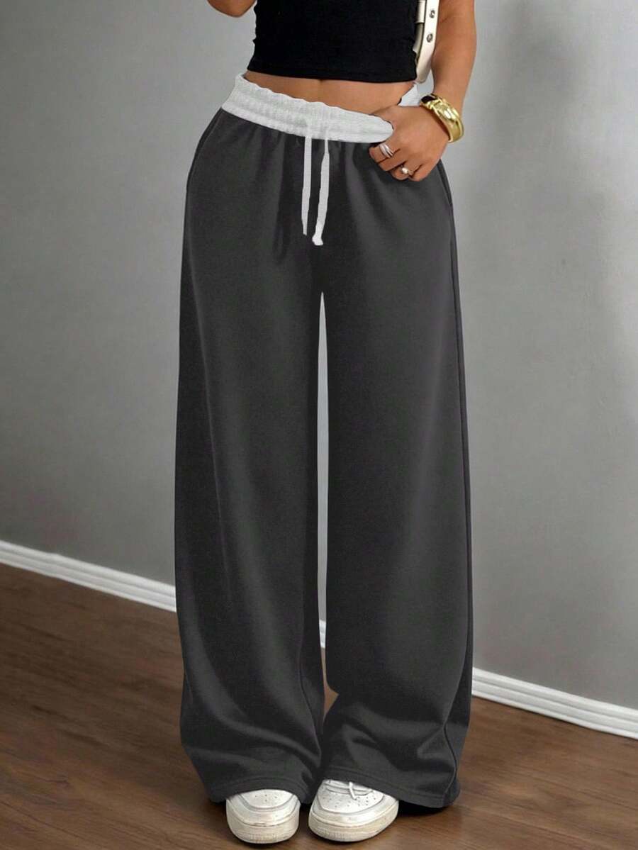 SHEIN Quần nỉ rộng rãi, thoải mái cho bé gái tuổi teen, cạp thấp, lưng thun, ống rộng, phối màu, phù hợp cho mùa xuân, hè, thu, đông và mùa tựu trường. - Xám - Xem 1