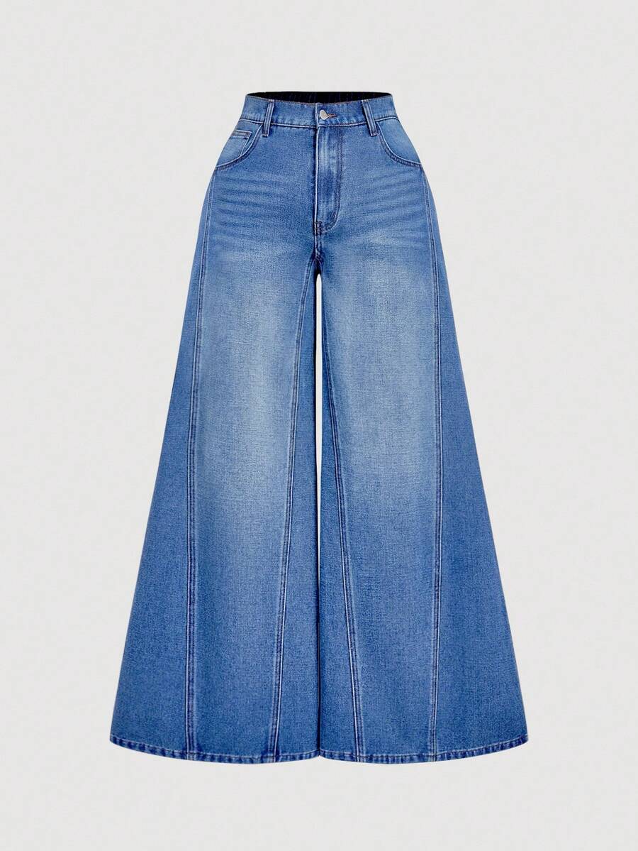 SHEIN MOD 大码撞色斜插口袋休闲百搭阔腿牛仔裤 - 藍色 - 查看 1