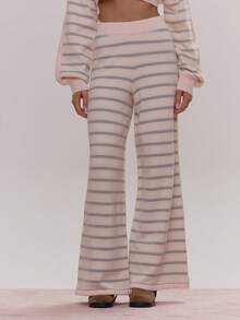 MUSERA Pantalón de pierna ancha con detalle de panel trasero de rayas tejidas, conjunto de Bottom, lindo, femenino, sexy, para salir, diario, primavera, invierno - Multicolor - Ver 2