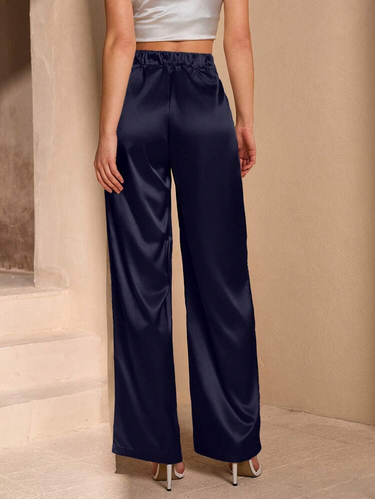 EURMUSE Women Solid Color Satin Fabric Pleated Detailed Wide Leg Pants - Navy Blue - View 2