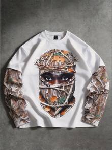 ROMWE MEN 男士休闲时尚街头植物人物印花二合一T恤，春秋季 - 白色 - 查看 1