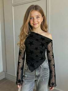 SHEIN Tween Girls Black Star Mesh Asymmetric Shoulder Knit Top, Casual Fashion Versatile - Black - View 1