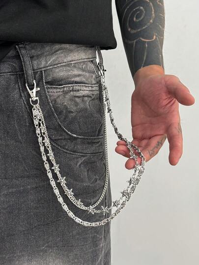 ROMWE Fairycore 1 Piece Fashionable Punk Star Geometric Chain Waist Chain, Men's Personalized Hip Hop Multi-Layer Body Chain, Can Be Used For Pants Decoration, Daily Music Festival Party Wear, Unisex, Jewelry Gift