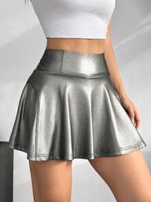 SHEIN EZwear 女士时尚街头风金属PU迷你裙，内置短裤，银色短裤，银色裙子，女士金属色服装，女士短裙，银色短裙 - 灰色 - 查看 4