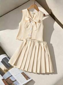 Firerie Kids 少女春夏时尚优雅通勤休闲简约纯色V领无袖开衫背心和百褶裙套装 - 杏色 - 查看 5