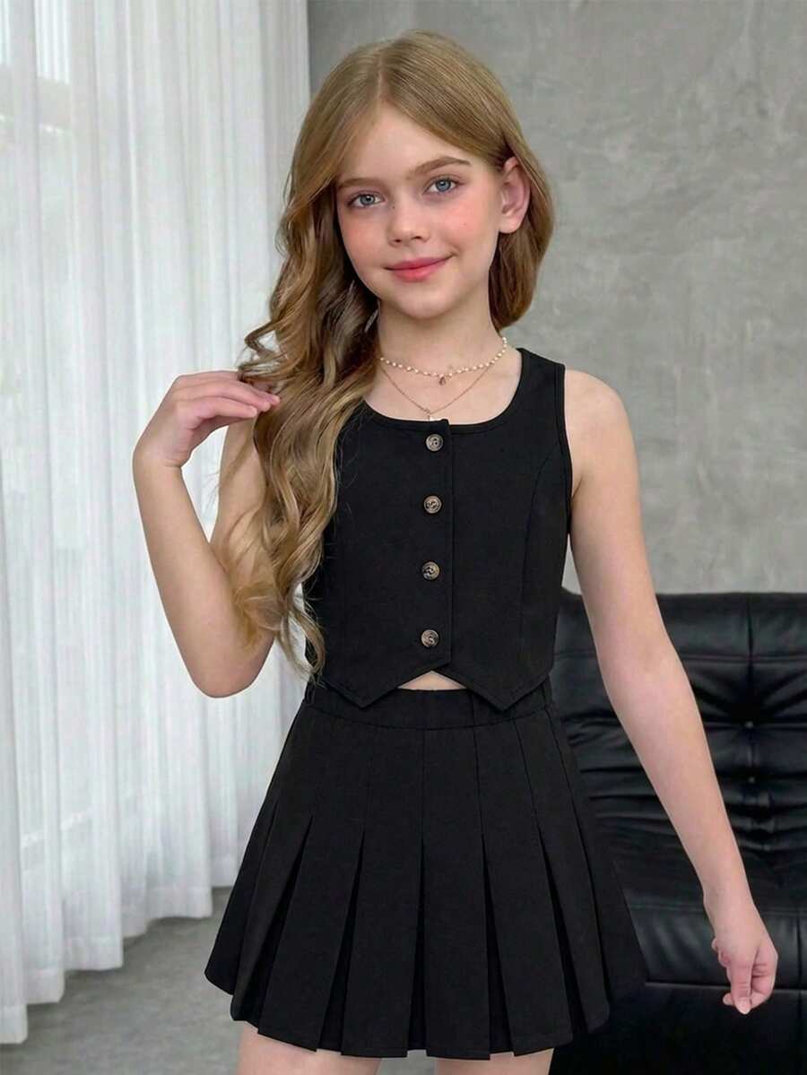 Firerie Kids 少女新款通勤百搭两件套，轻盈奢华简约露脐无袖上衣搭配百褶迷你裙套装 - 黑色 - 查看 1