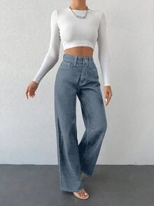SHEIN 100%純棉斜口袋寬腿牛仔褲，小碼女款 - 淺藍色 - 查看 3
