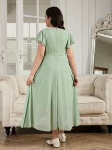 Tween Girl Solid Color Square Neck Ruffle Trim Patchwork Short Sleeve Fashion Dress - Green - View 2