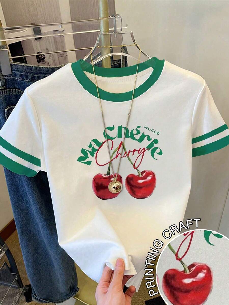 女童及青少年短款T恤,绿色条纹印花,樱桃字母图案,适合外出、日常穿着,舒适贴身,经典条纹设计,绿白配色,适合春、夏、秋季穿着。 - 彩色 - 查看 1