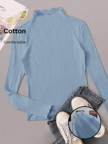 SHEIN EZwear Disig blå ribbad stickad långärmad t-shirt med ståkrage för kvinnor i plusstorlek - Dammblå - Visa 1