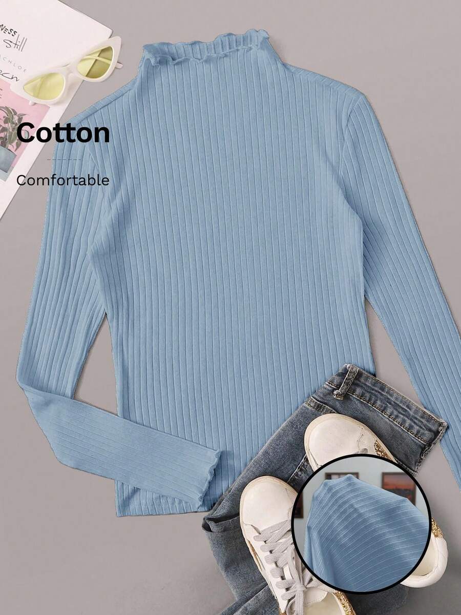 SHEIN EZwear Disig blå ribbad stickad långärmad t-shirt med ståkrage för kvinnor i plusstorlek - Dammblå - Visa 1