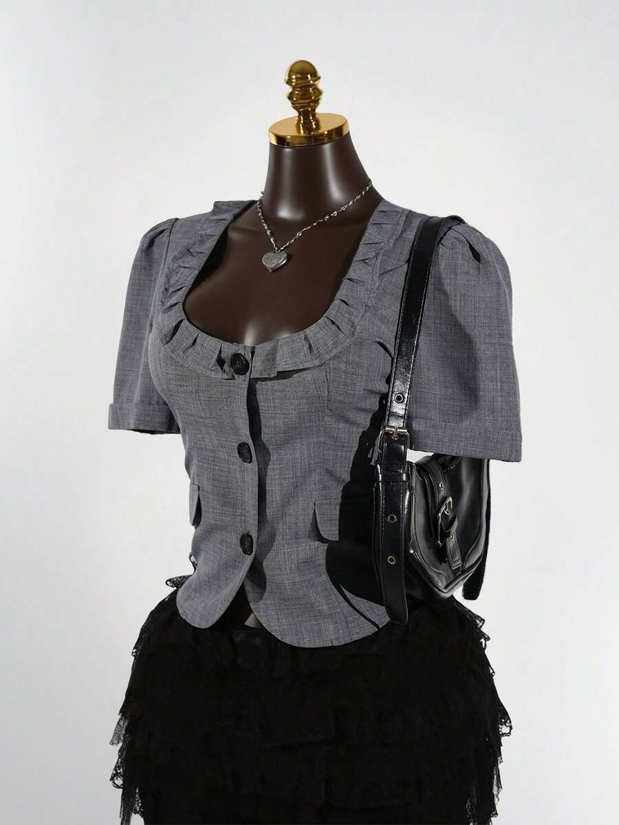 SaltGleam SaltGleam 修身格纹方领荷叶边单排扣黑色纽扣前襟假口袋后背蝴蝶结腰带优雅女士衬衫 - 灰色 - 查看 1