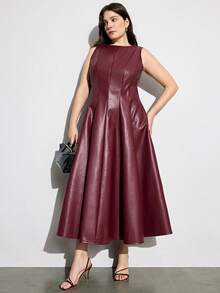 Aveloria Modichic Elegant & Chic Women's Fashion Date High-End Luxury Split Design Round Neck Waist Flared Hem PU Plus Size Sleeveless Dress - Burgundy - View 5