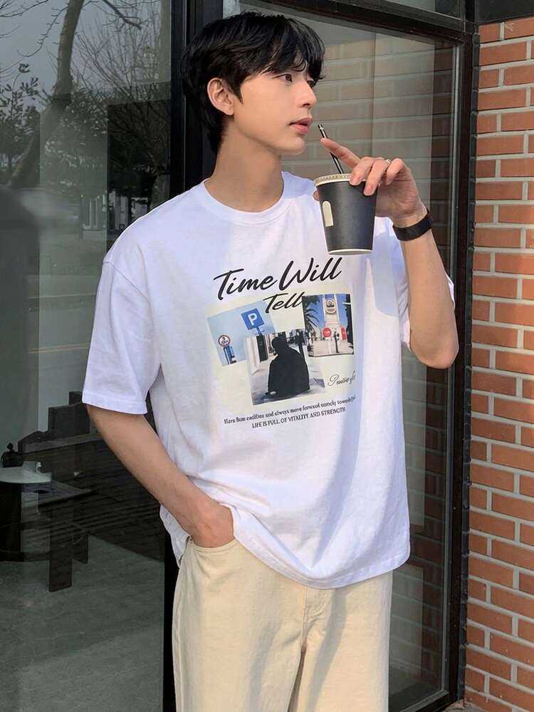 Men's Letter Print White Short Sleeve Crew Neck T-Shirt, Summer