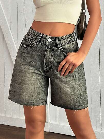 EURMUSE Shorts jeans femininos de cintura alta, lavagem casual, barra desfiada e bolsos.