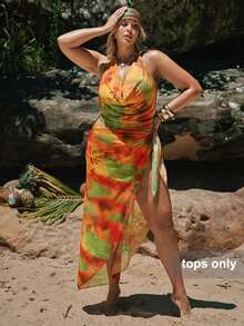 SHEIN BAE Plus Size Halter Neck Multicultural Tie Dye Ruched Tank Top Casual - Multicolor - View 4