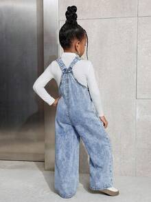 SHEIN Young Girl Casual Loose Fit Wide Leg Denim Bib Pants, Suitable For Spring, Summer, Autumn, Daily Commute & Fashionable Street Style - Light Wash - View 2