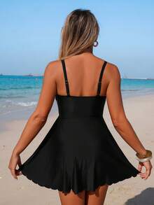 Swim Lushoire Women's Solid Color Strap Ruffle Trim Beach Casual Swimsuit Set, Spring/Summer - Black - View 2